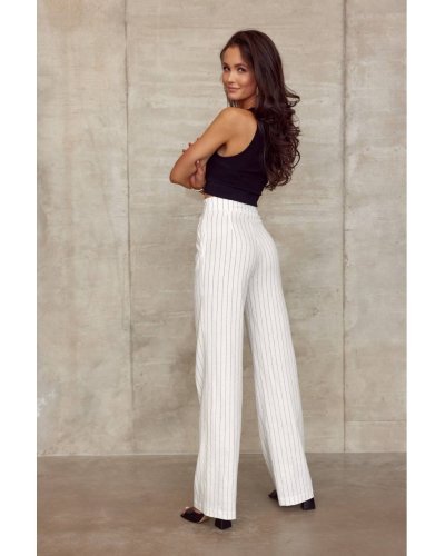 Pantaloni dama, Pantaloni dama eleganti, evazati, ecru, cu dungi verticale, cu talia inalta, Akella - jojofashion.ro