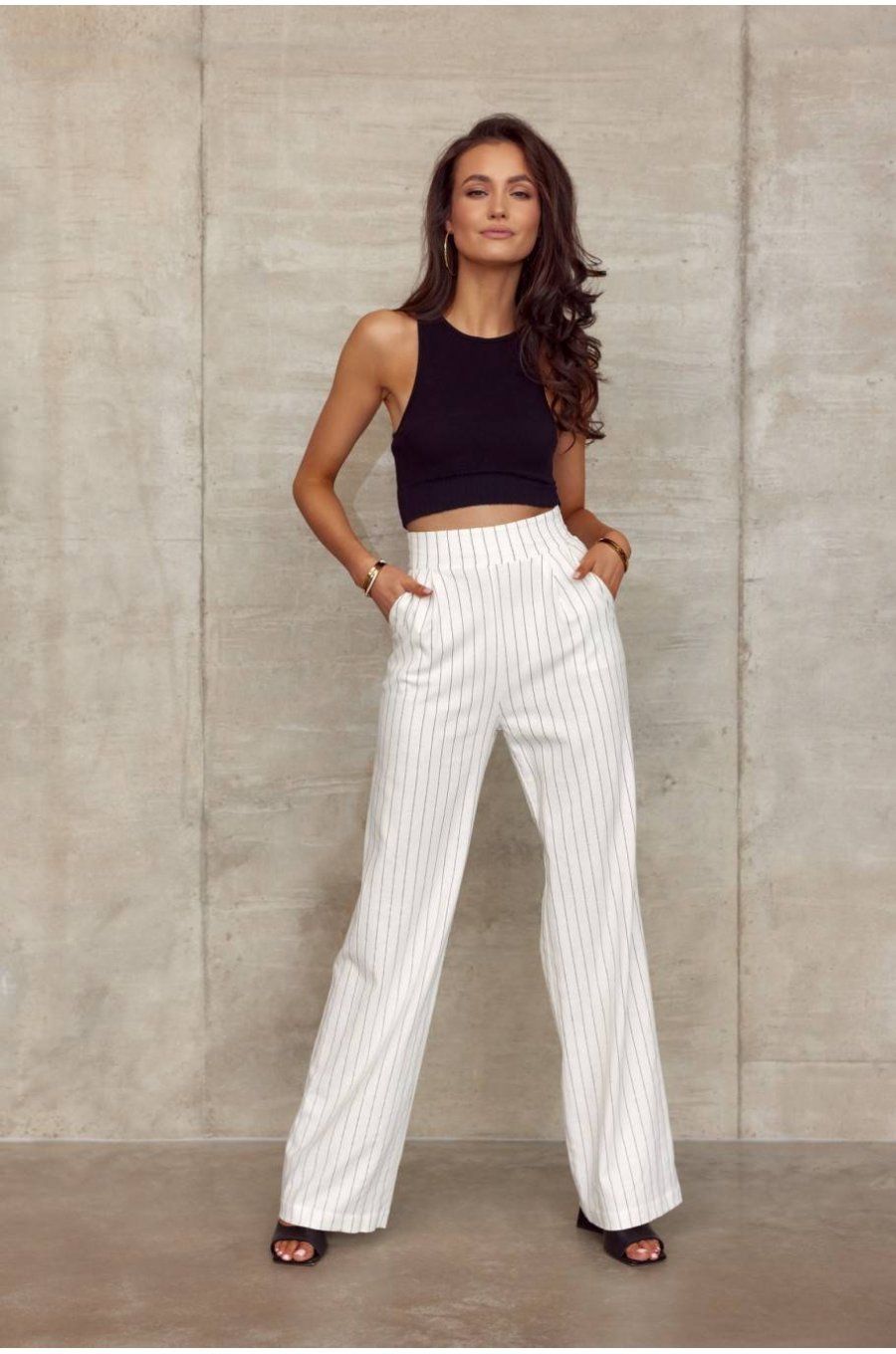 Pantaloni dama eleganti, evazati, ecru, cu dungi verticale, cu talia inalta, Akella 3 - jojofashion.ro