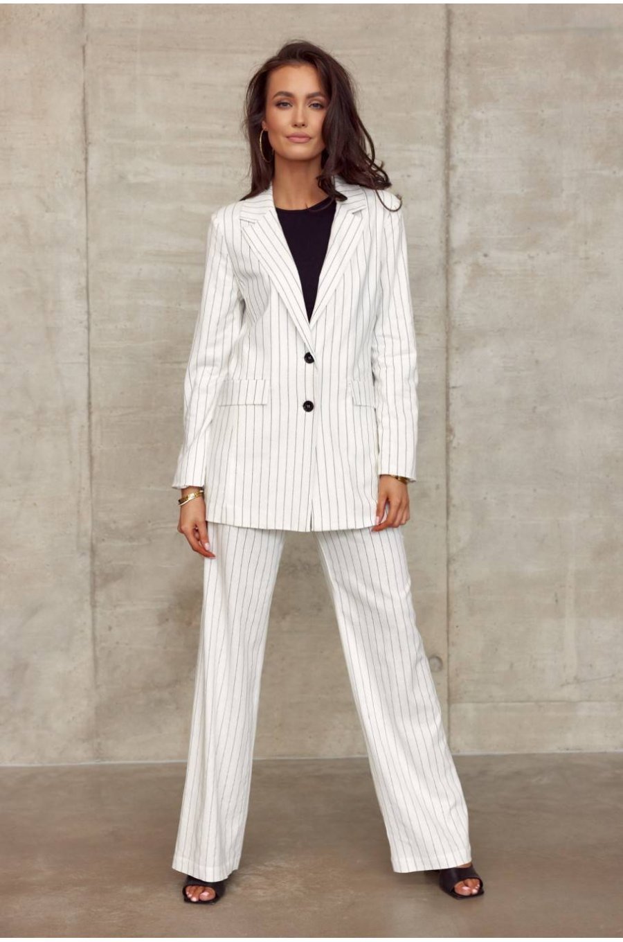 Pantaloni dama eleganti, evazati, ecru, cu dungi verticale, cu talia inalta, Akella 4 - jojofashion.ro