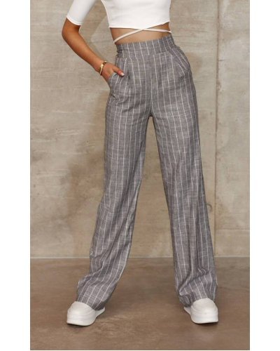 Pantaloni dama, Pantaloni dama eleganti, evazati, gri cu dungi albe, cu talia inalta, Akella - jojofashion.ro