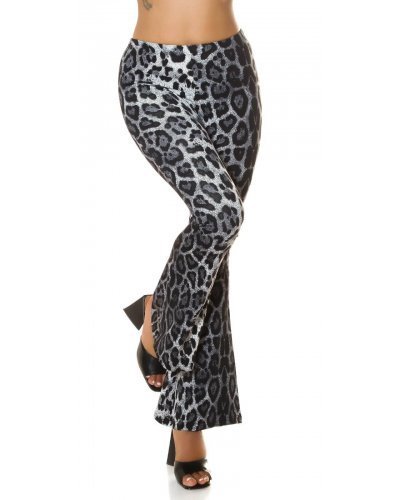 Pantaloni dama eleganti evazati leopard print gri Madlene - jojofashion.ro