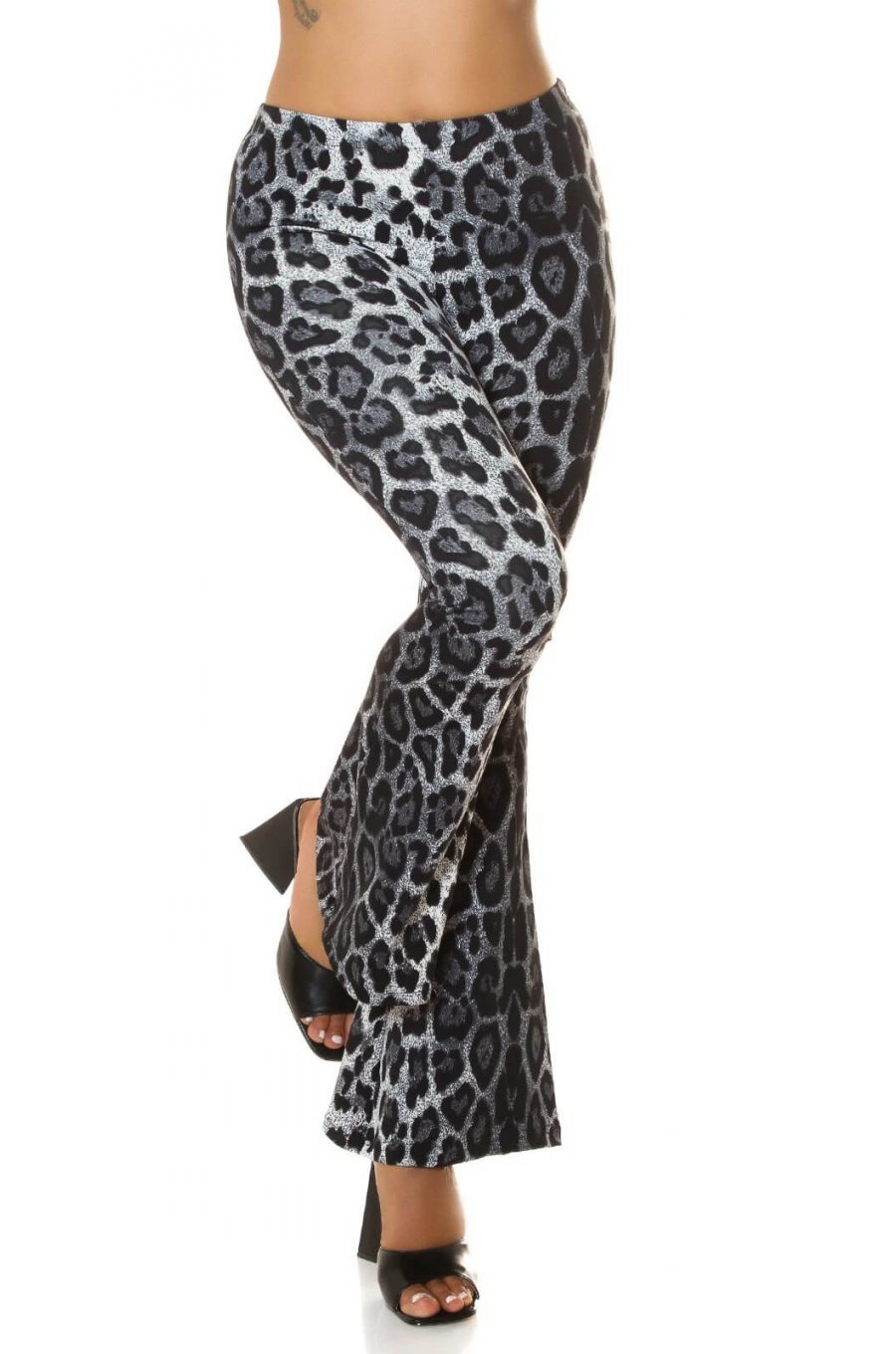 Pantaloni dama eleganti evazati leopard print gri Madlene 2 - jojofashion.ro