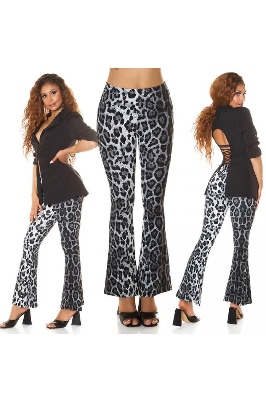 Pantaloni dama eleganti evazati leopard print gri Madlene 4 - jojofashion.ro