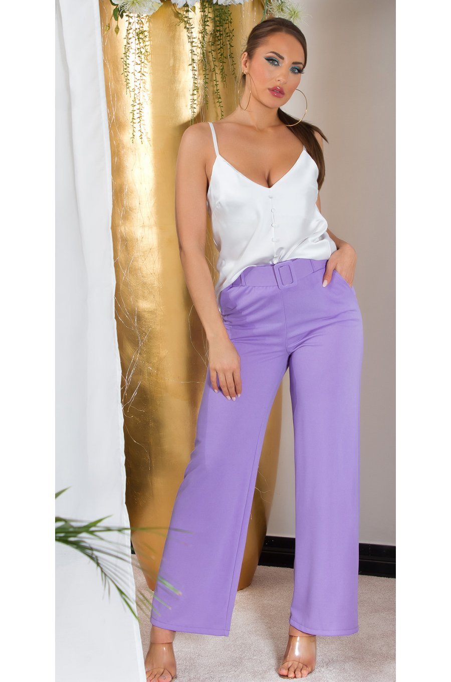 Pantaloni dama eleganti evazati, lila, cu talia inalta si curea lata, Raimonda 3 - jojofashion.ro