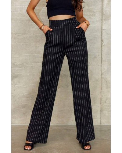 Pantaloni dama, Pantaloni dama eleganti, evazati, negri cu dungi albe, cu talia inalta, Akella - jojofashion.ro