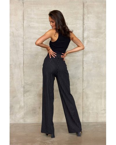Pantaloni dama, Pantaloni dama eleganti, evazati, negri cu dungi albe, cu talia inalta, Akella - jojofashion.ro