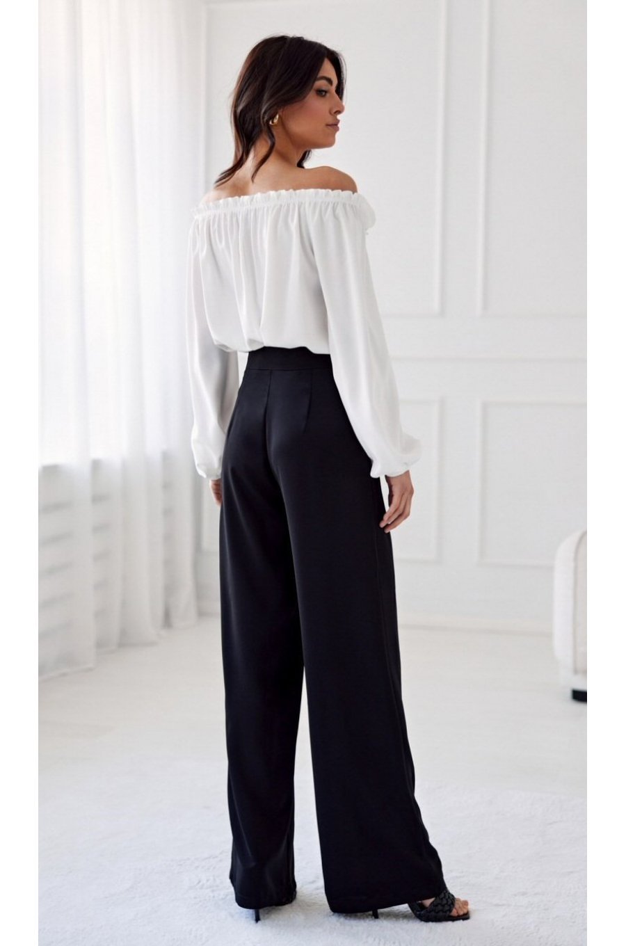 Pantaloni dama eleganti evazati, negri, cu talia inalta, Alaya 3 - jojofashion.ro