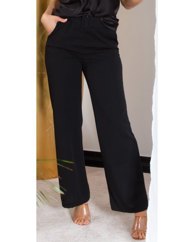 Pantaloni dama eleganti evazati, negri, cu talia inalta si curea lata, Raimonda - jojofashion.ro