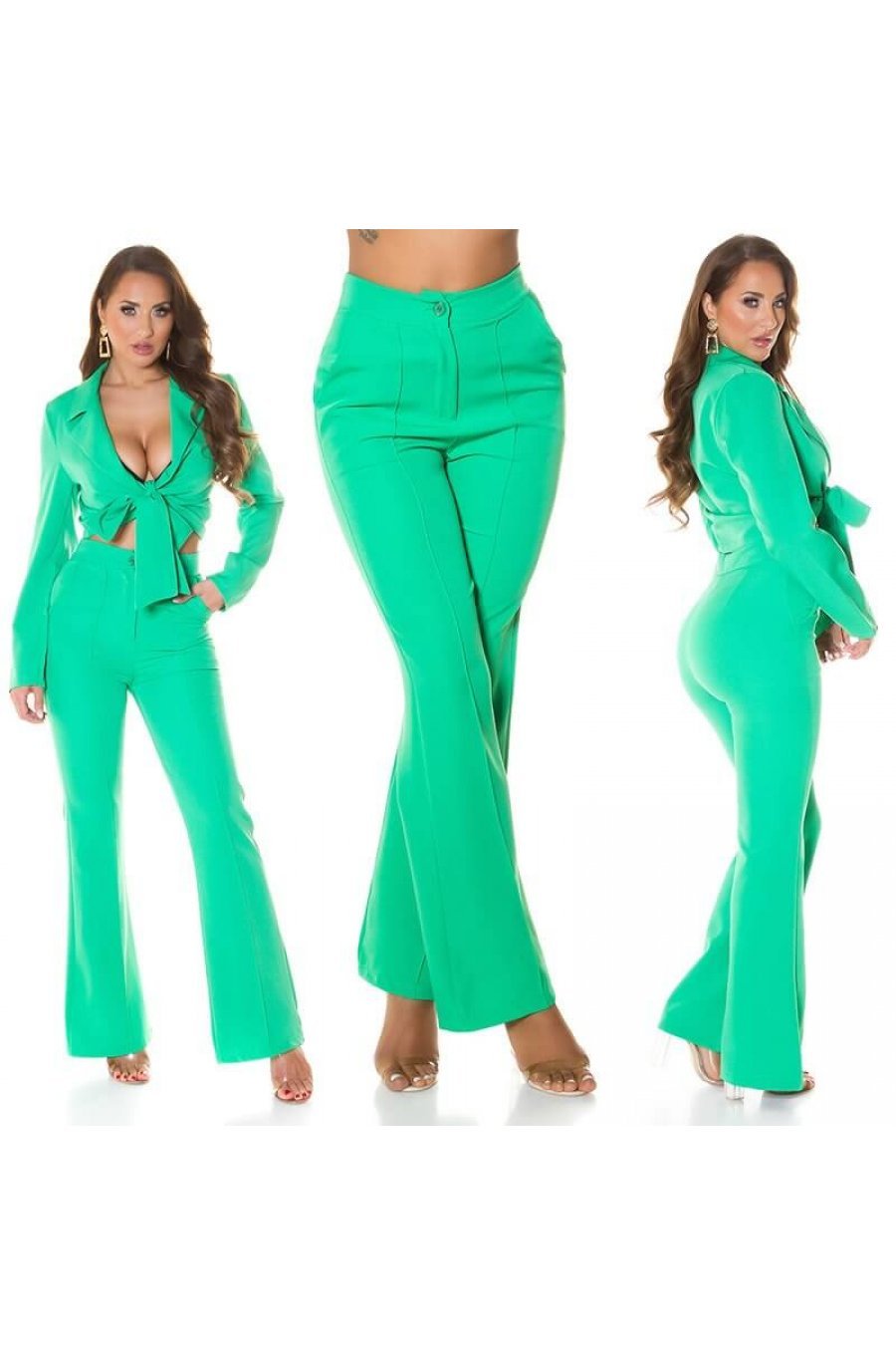 Pantaloni dama eleganti evazati office verzi Catlin 6 - jojofashion.ro