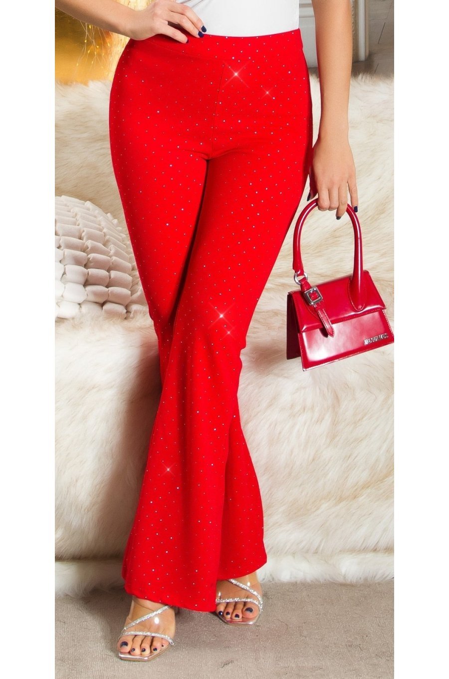 Pantaloni dama eleganti evazati, rosii, cu glitter, Andie 1 - jojofashion.ro