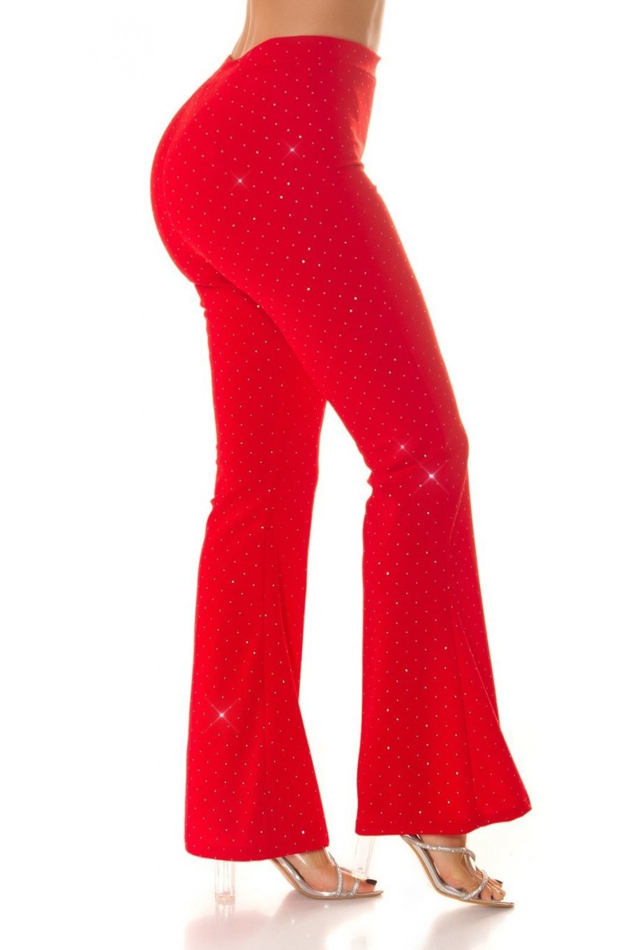 Pantaloni dama eleganti evazati, rosii, cu glitter, Andie 2 - jojofashion.ro