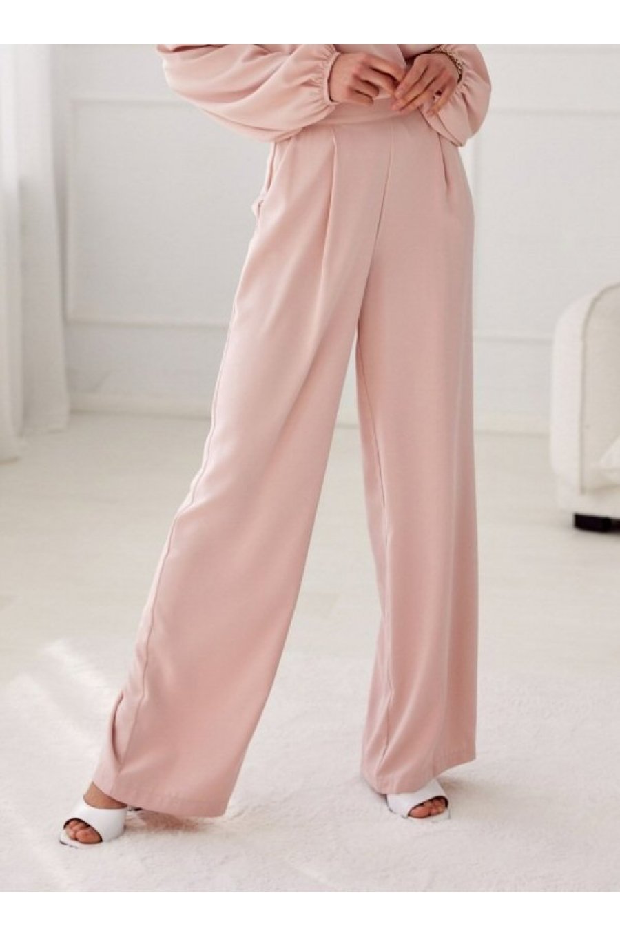 Pantaloni dama eleganti evazati, roz pal, cu talia inalta, Alaya 1 - jojofashion.ro