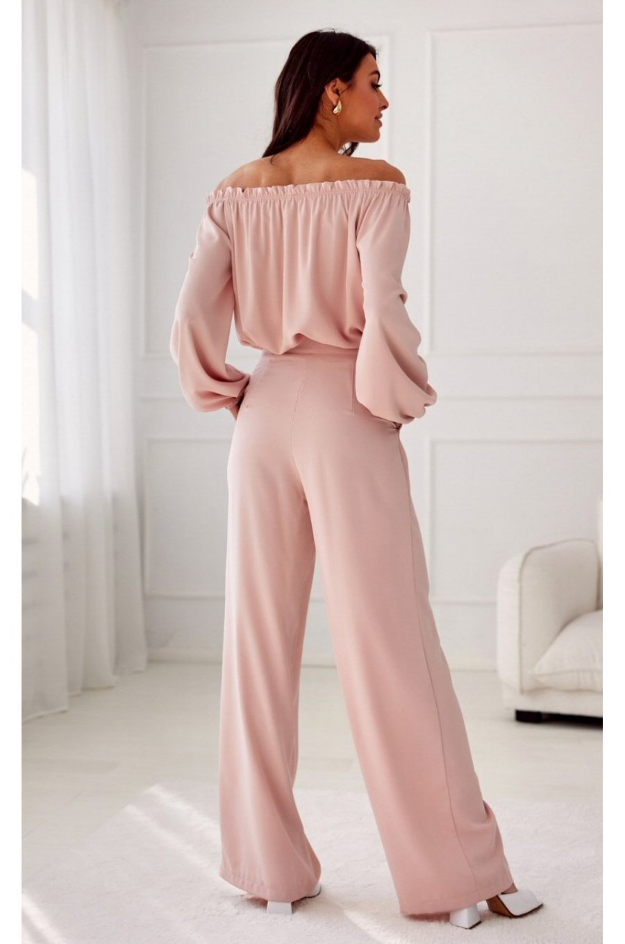 Pantaloni dama eleganti evazati, roz pal, cu talia inalta, Alaya 3 - jojofashion.ro