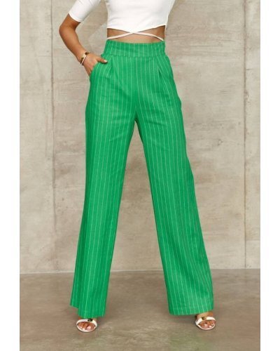 Pantaloni dama, Pantaloni dama eleganti, evazati, verzi cu dungi albe, cu talia inalta, Akella - jojofashion.ro
