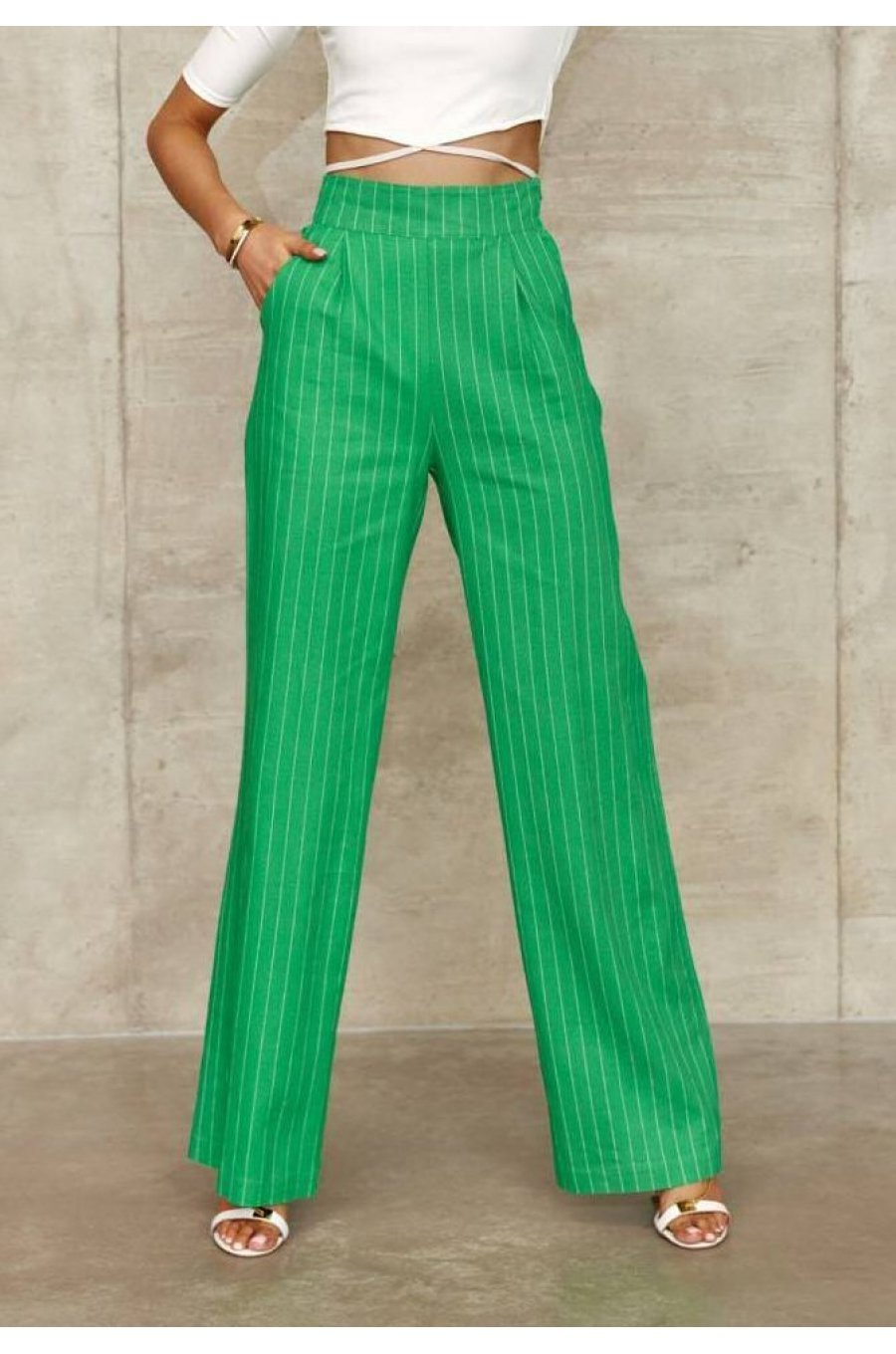 Pantaloni dama eleganti, evazati, verzi cu dungi albe, cu talia inalta, Akella 1 - jojofashion.ro