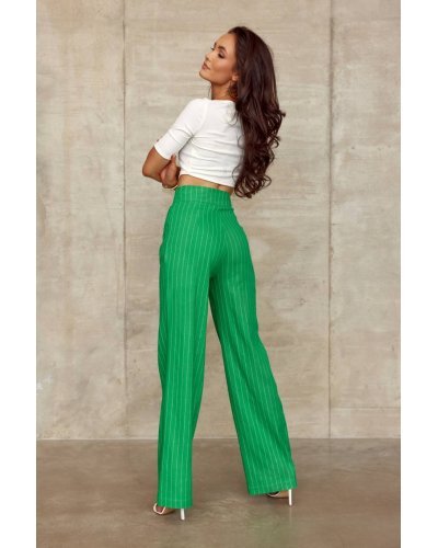 Pantaloni dama, Pantaloni dama eleganti, evazati, verzi cu dungi albe, cu talia inalta, Akella - jojofashion.ro