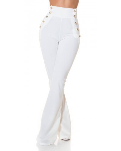 Pantaloni dama evazati albi cu nasturi aurii Arya - jojofashion.ro
