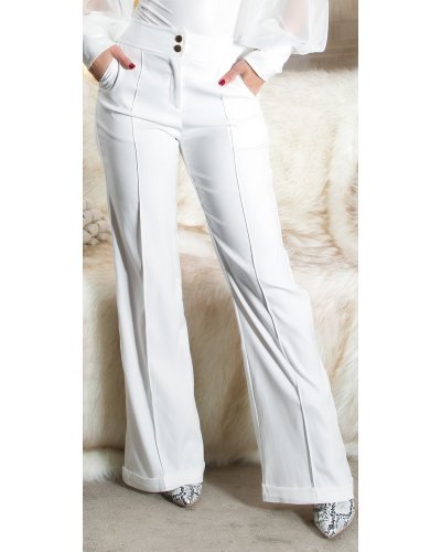 Pantaloni dama evazati, albi, cu talia inalta, Deussa - jojofashion.ro