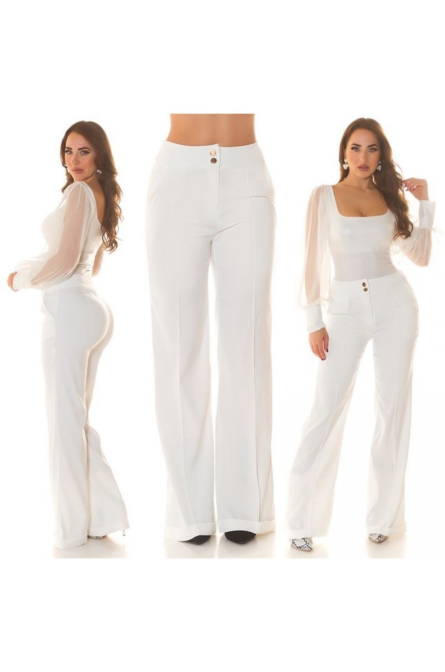 Pantaloni dama evazati, albi, cu talia inalta, Deussa Pantaloni dama evazati, albi, cu talia inalta, Deussa 9 - jojofashion.ro