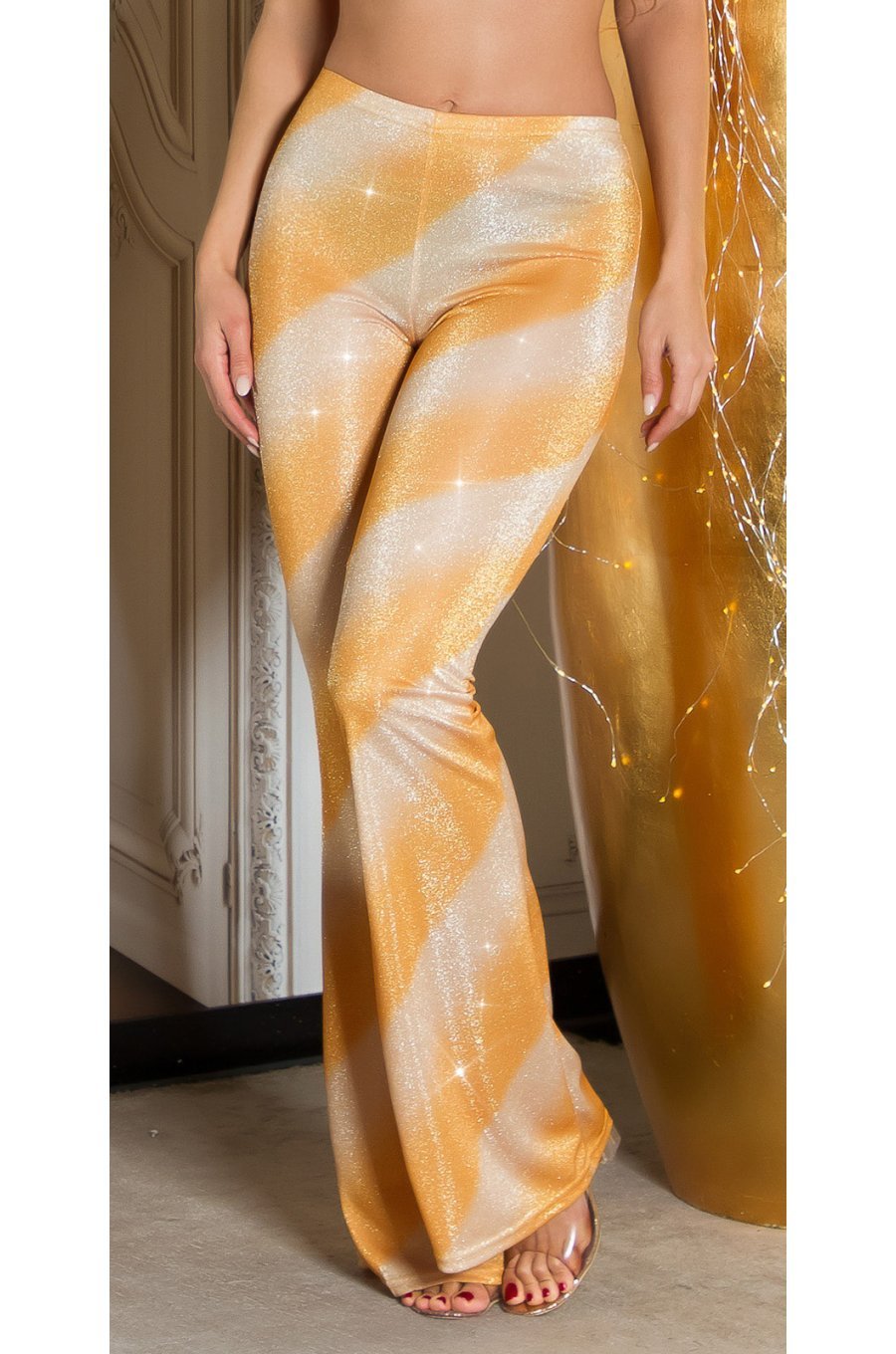 Pantaloni dama evazati, aurii, in degrade, glitter, Katyusha 1 - jojofashion.ro