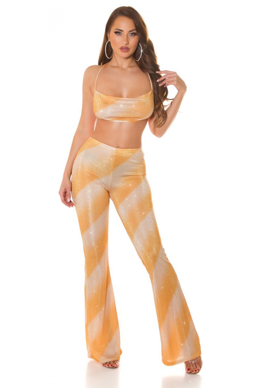 Pantaloni dama evazati, aurii, in degrade, glitter, Katyusha 5 - jojofashion.ro