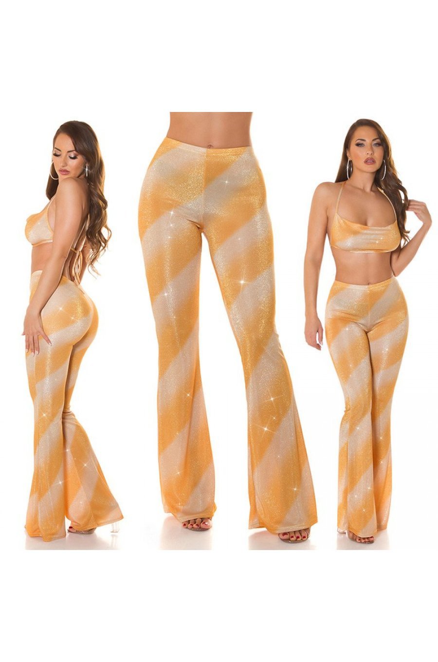 Pantaloni dama evazati, aurii, in degrade, glitter, Katyusha 7 - jojofashion.ro