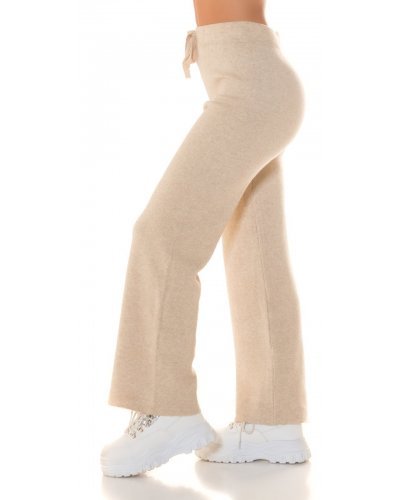 Pantaloni dama evazati, bej, din vascoza, cu talia inalta, Killya - jojofashion.ro