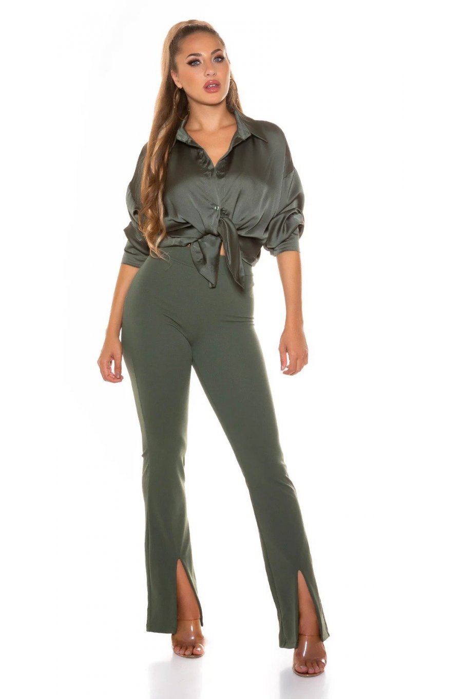 Pantaloni dama evazati kaki bootcut cu talia inalta Kinna 3 - jojofashion.ro