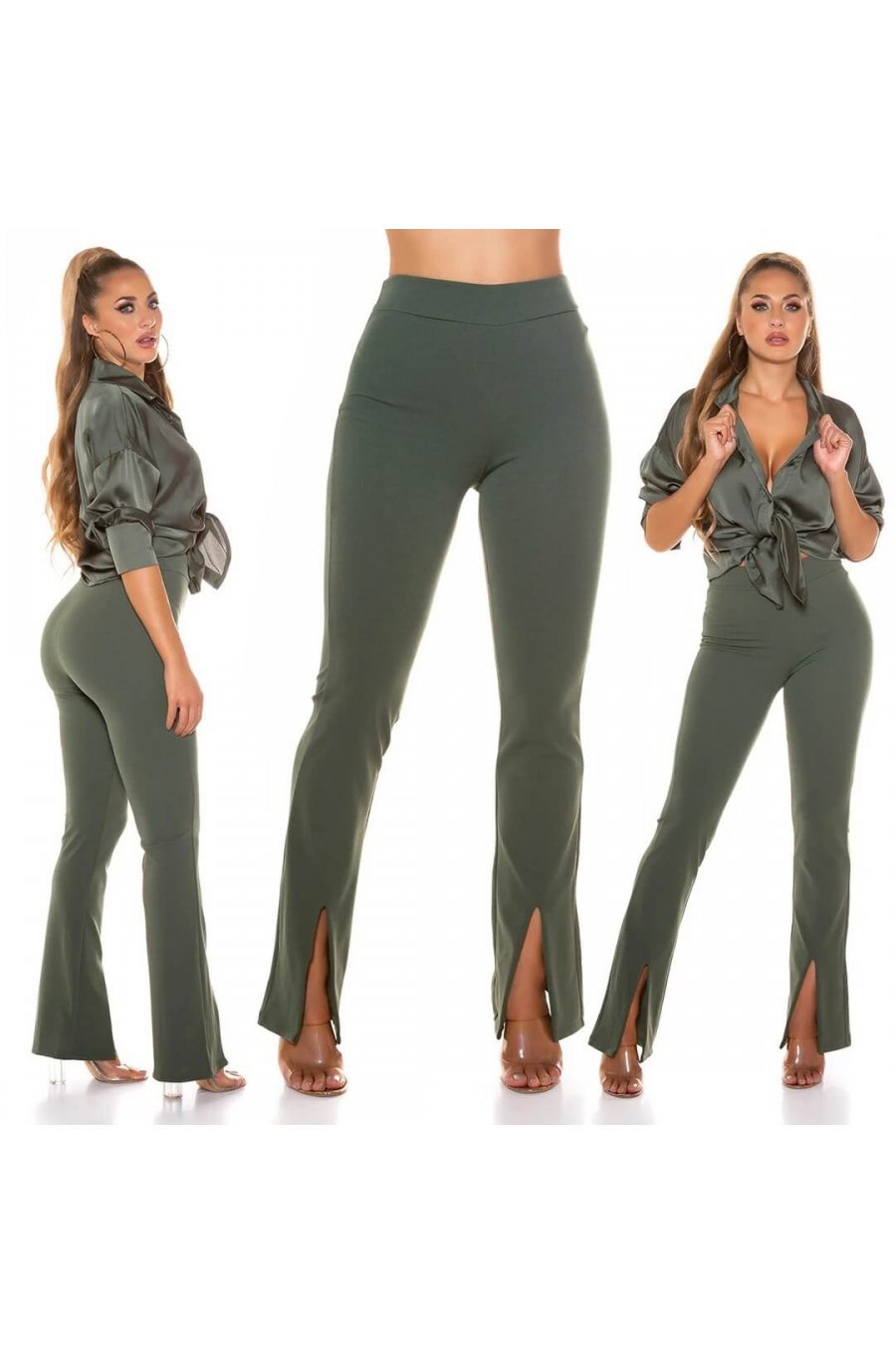 Pantaloni dama evazati kaki bootcut cu talia inalta Kinna 5 - jojofashion.ro