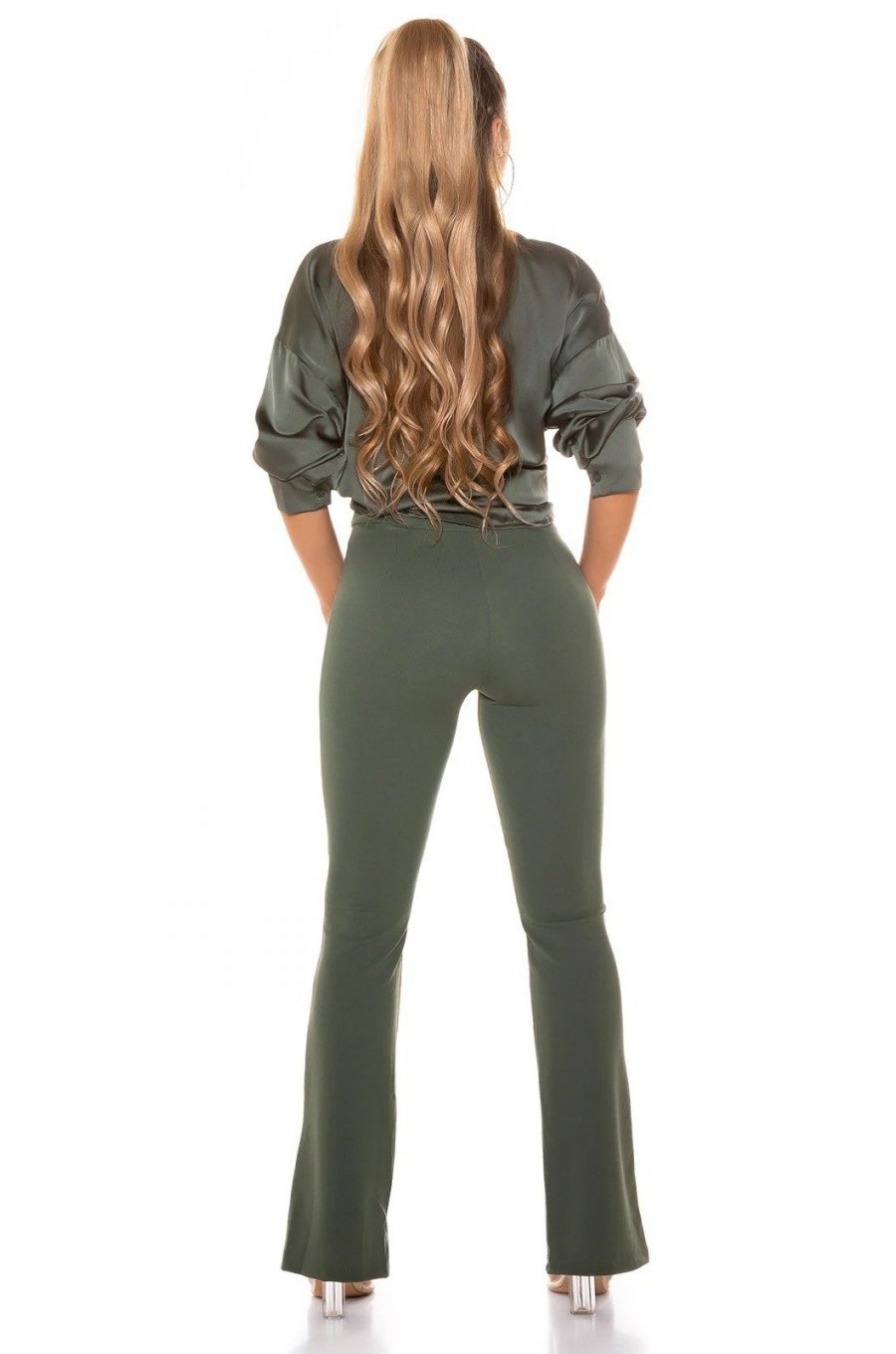 Pantaloni dama evazati kaki bootcut cu talia inalta Kinna 6 - jojofashion.ro