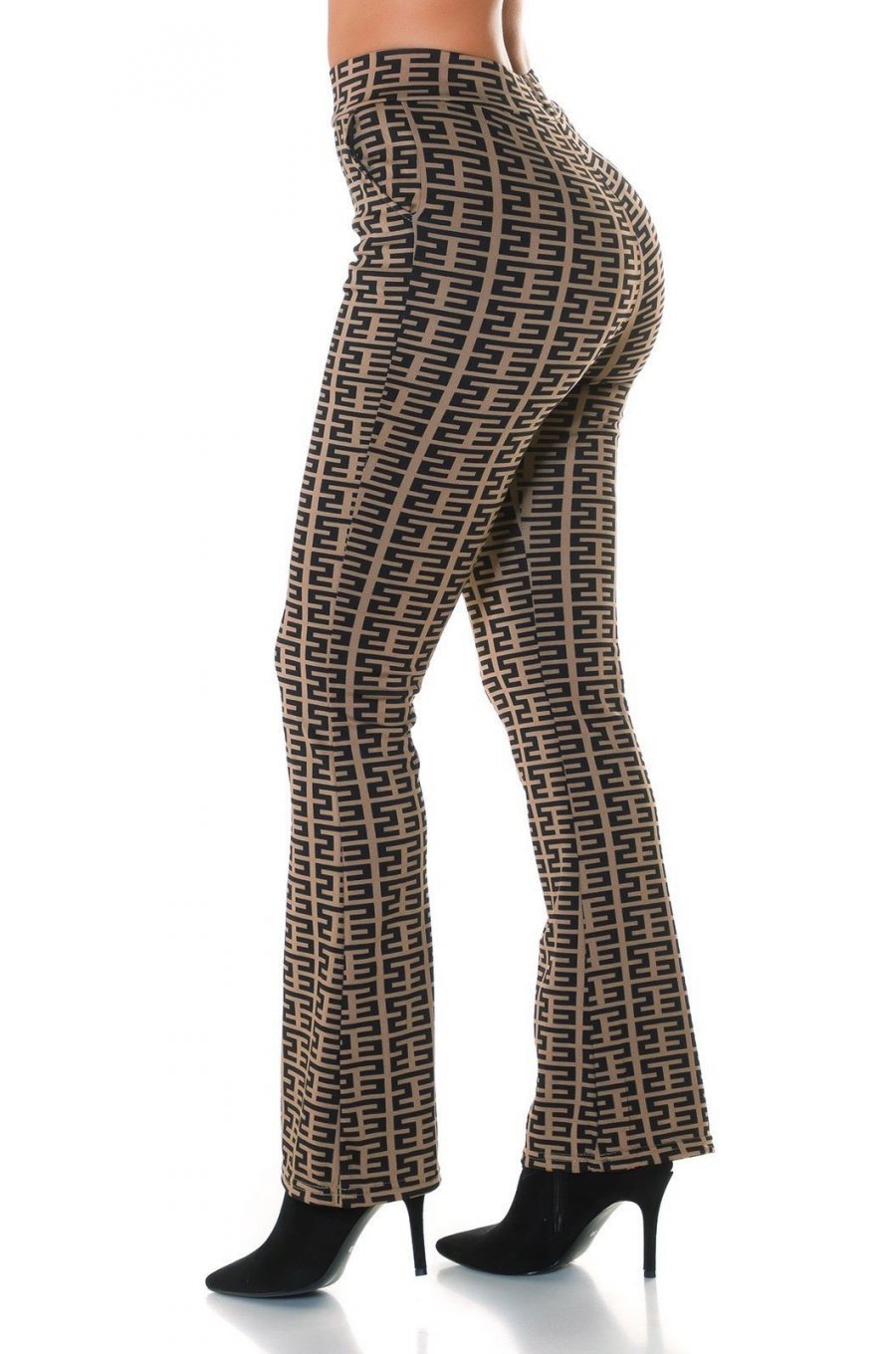 Pantaloni dama evazati, cappuccino cu print negru, Selinn Pantaloni dama evazati, cappuccino cu print negru, Selinn 2 - jojofashion.ro
