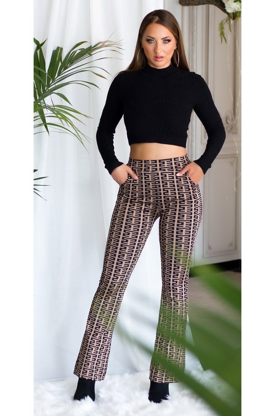 Pantaloni dama evazati, cappuccino cu print negru, Selinn Pantaloni dama evazati, cappuccino cu print negru, Selinn 3 - jojofashion.ro