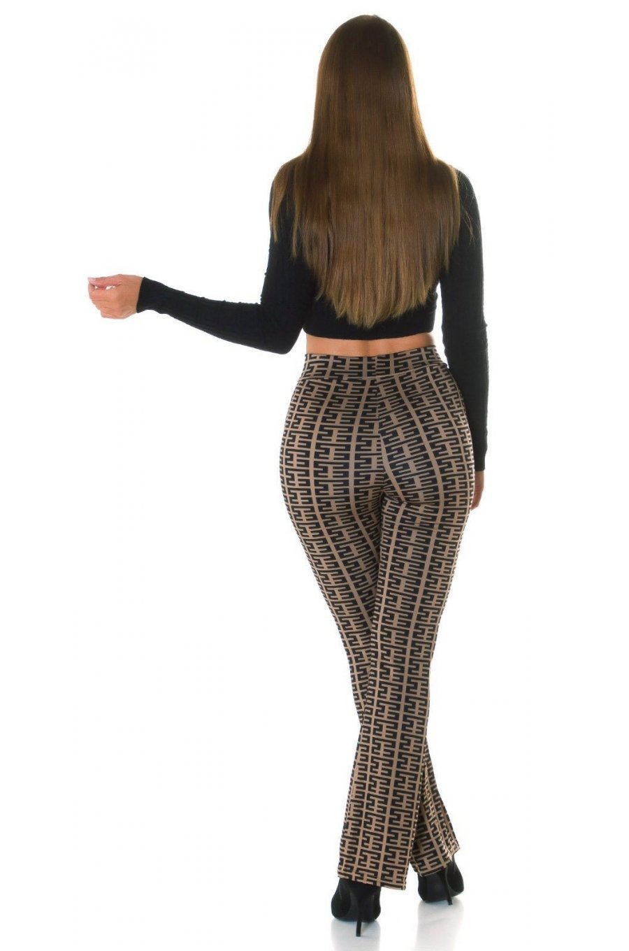 Pantaloni dama evazati, cappuccino cu print negru, Selinn Pantaloni dama evazati, cappuccino cu print negru, Selinn 5 - jojofashion.ro