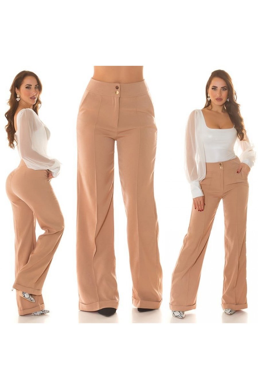 Pantaloni dama evazati, cappuccino, cu talia inalta, Deussa Pantaloni dama evazati, cappuccino, cu talia inalta, Deussa 8 - jojofashion.ro