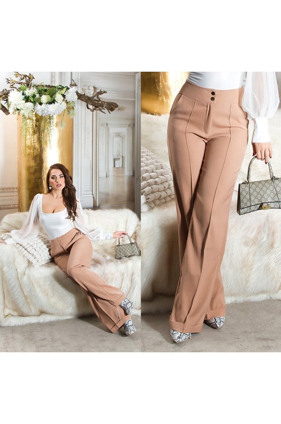 Pantaloni dama evazati, cappuccino, cu talia inalta, Deussa Pantaloni dama evazati, cappuccino, cu talia inalta, Deussa 7 - jojofashion.ro