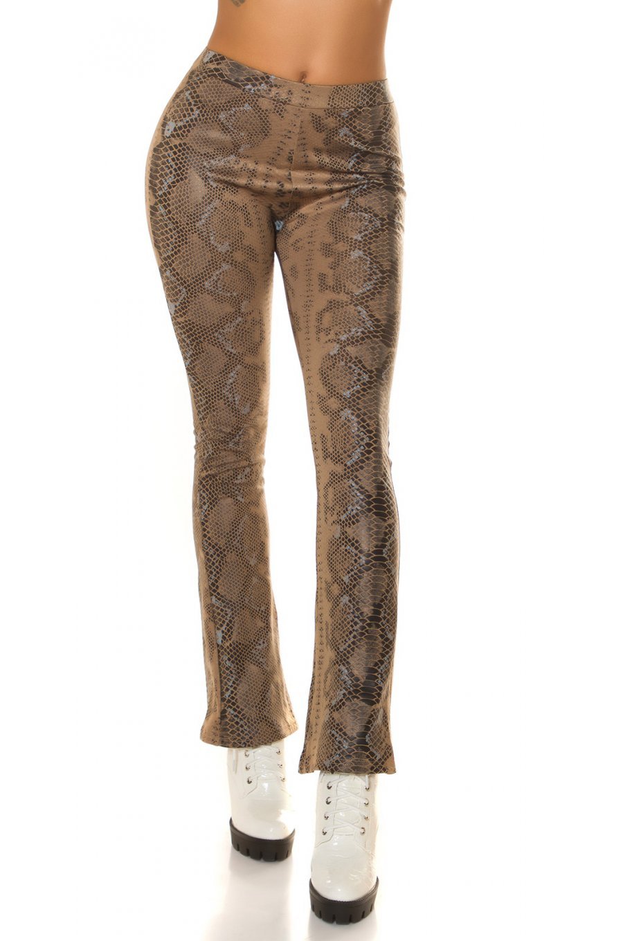 Pantaloni dama evazati, cappuccino, piele eco, animal print snake, Zenka 1 - jojofashion.ro