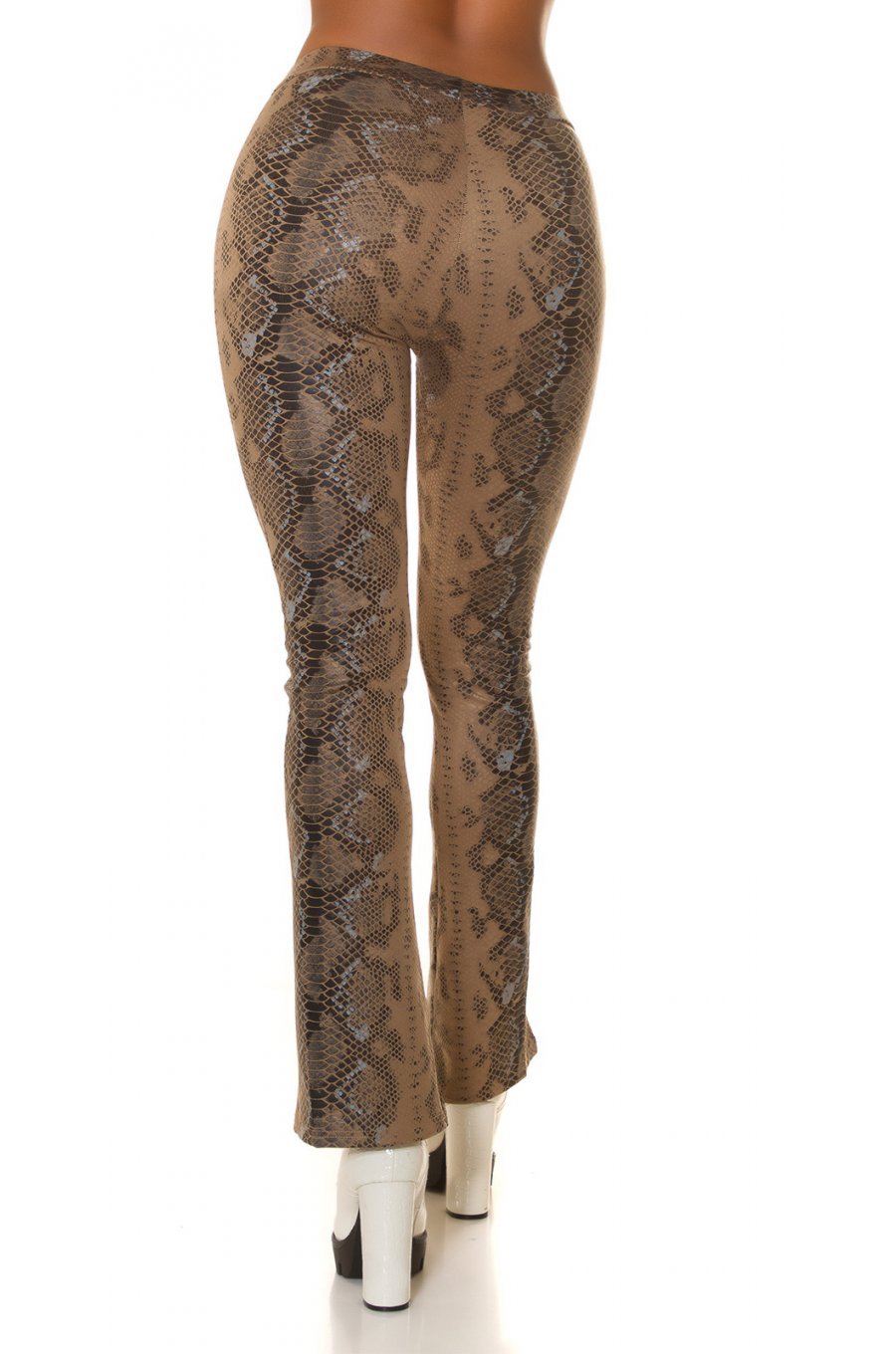 Pantaloni dama evazati, cappuccino, piele eco, animal print snake, Zenka 2 - jojofashion.ro