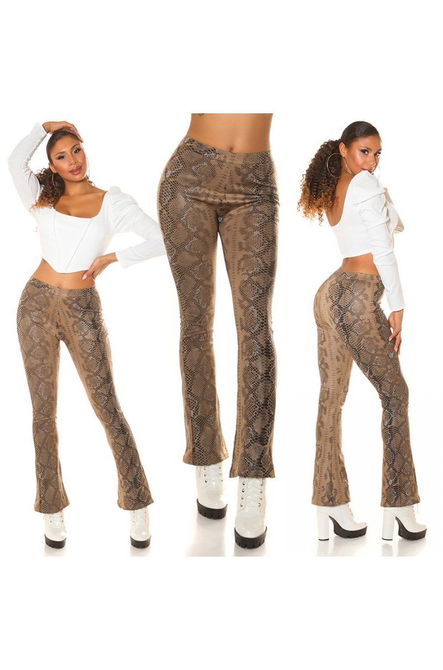 Pantaloni dama evazati, cappuccino, piele eco, animal print snake, Zenka 8 - jojofashion.ro