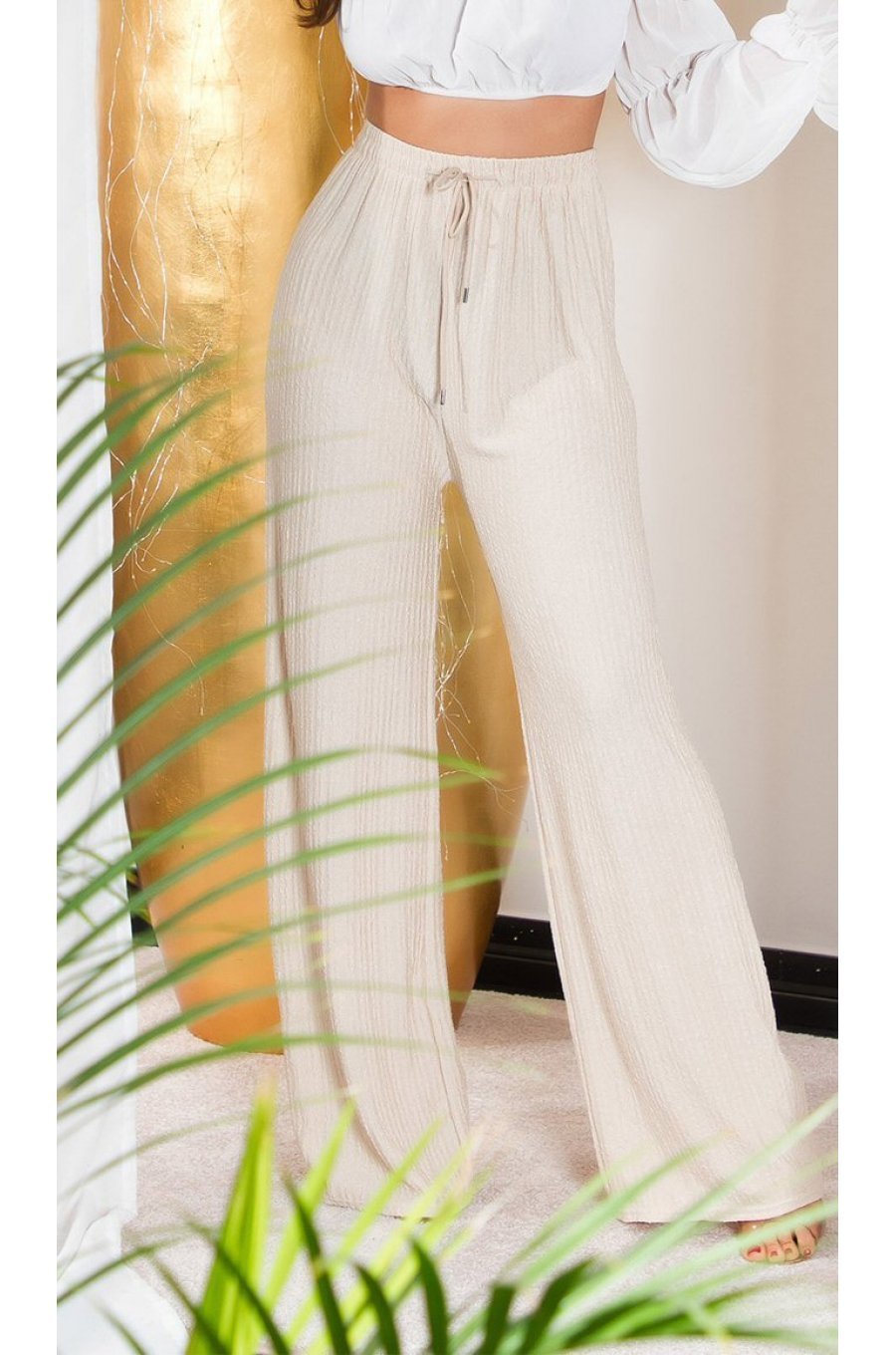Pantaloni dama evazati, de vara, bej, largi, Sharleey Pantaloni dama evazati, de vara, bej, largi, Sharleey 1 - jojofashion.ro