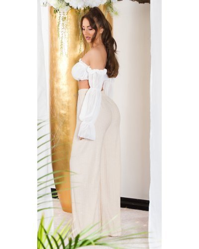 Pantaloni dama evazati, de vara, bej, largi, Sharleey - jojofashion.ro