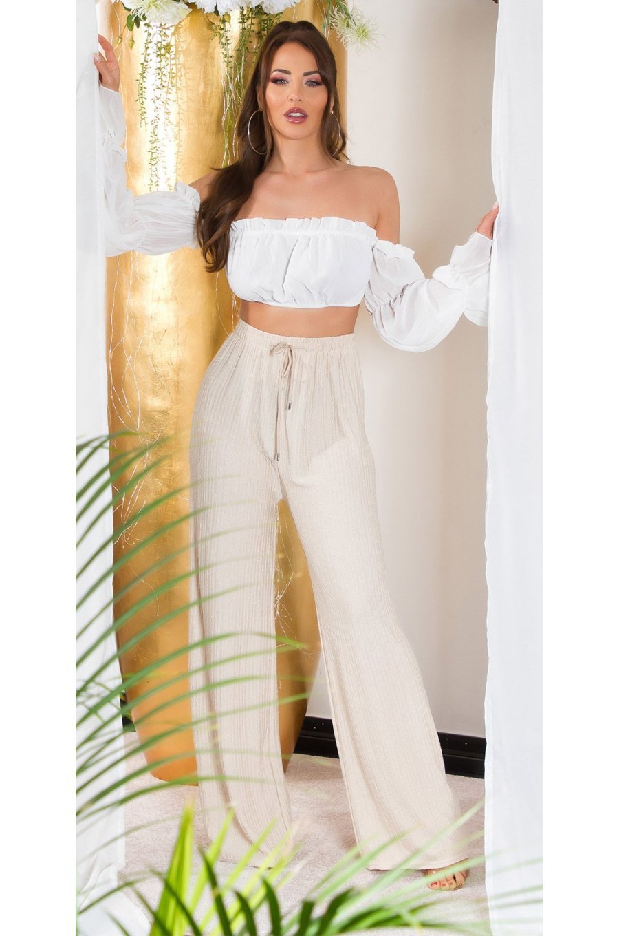 Pantaloni dama evazati, de vara, bej, largi, Sharleey Pantaloni dama evazati, de vara, bej, largi, Sharleey 3 - jojofashion.ro
