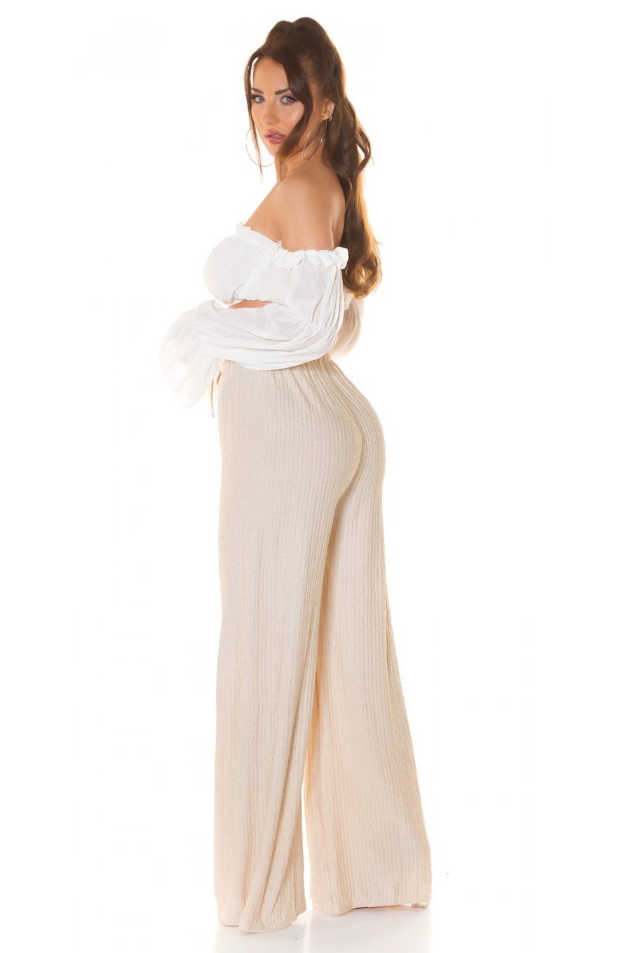 Pantaloni dama evazati, de vara, bej, largi, Sharleey Pantaloni dama evazati, de vara, bej, largi, Sharleey 4 - jojofashion.ro