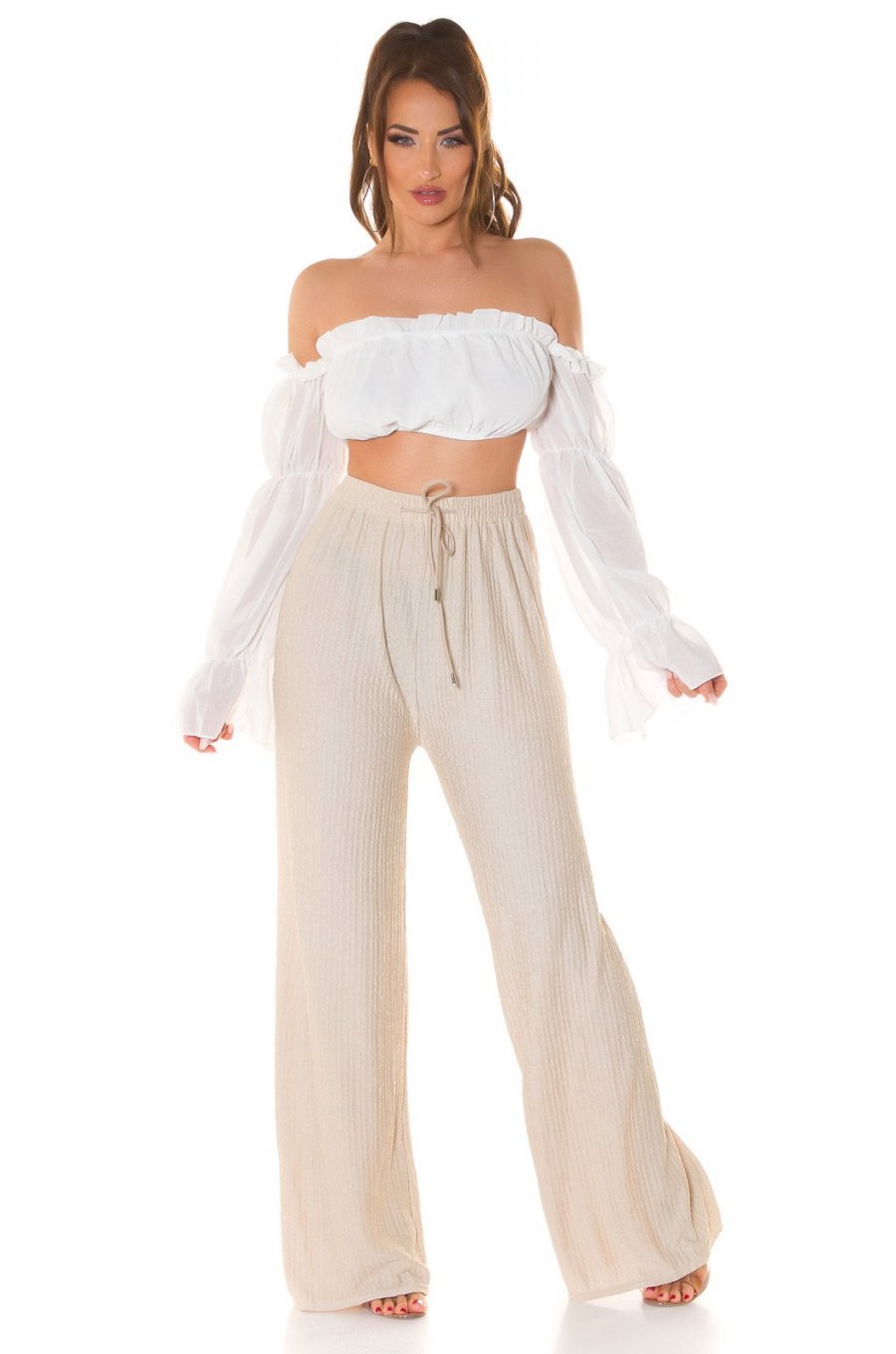 Pantaloni dama evazati, de vara, bej, largi, Sharleey Pantaloni dama evazati, de vara, bej, largi, Sharleey 5 - jojofashion.ro