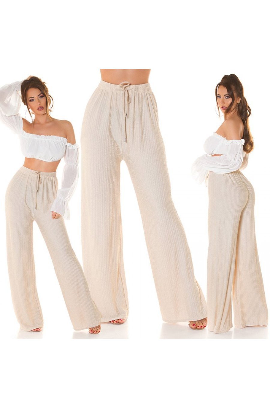 Pantaloni dama evazati, de vara, bej, largi, Sharleey Pantaloni dama evazati, de vara, bej, largi, Sharleey 6 - jojofashion.ro