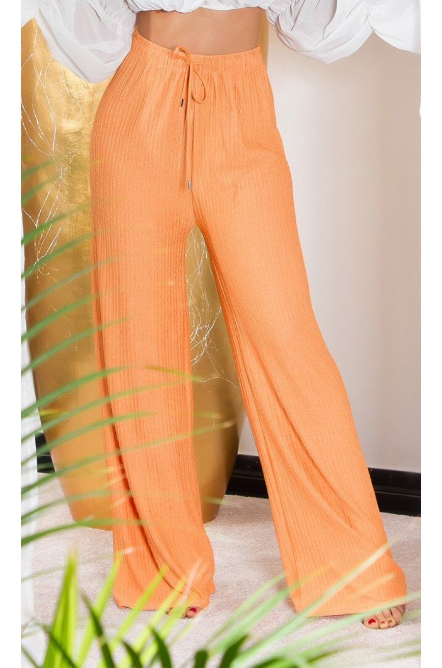 Pantaloni dama evazati, de vara, orange, largi, Sharleey Pantaloni dama evazati, de vara, orange, largi, Sharleey 1 - jojofashion.ro