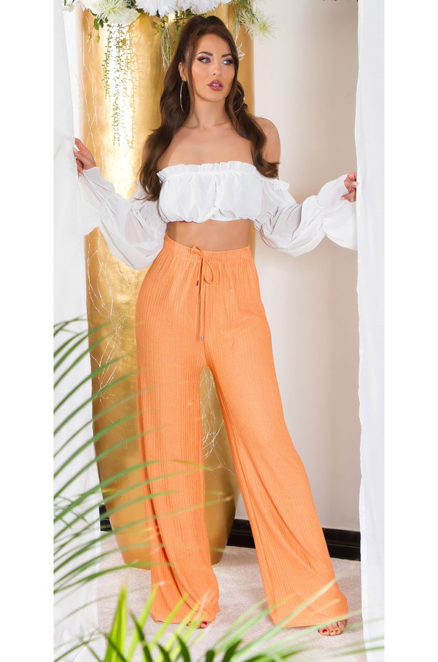 Pantaloni dama evazati, de vara, orange, largi, Sharleey Pantaloni dama evazati, de vara, orange, largi, Sharleey 3 - jojofashion.ro
