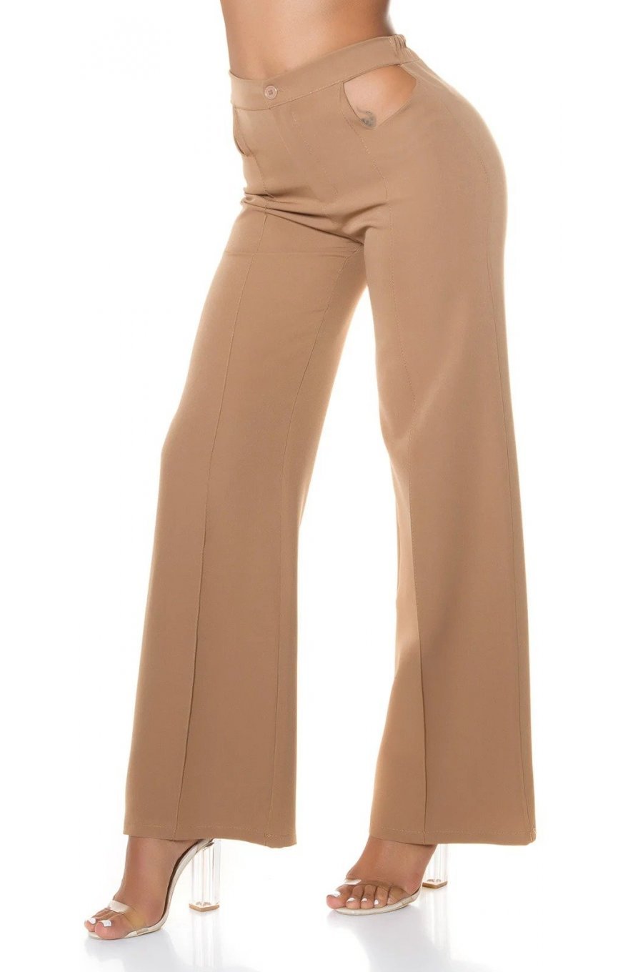 Pantaloni dama evazati cappuccino decupati Daany 1 - jojofashion.ro