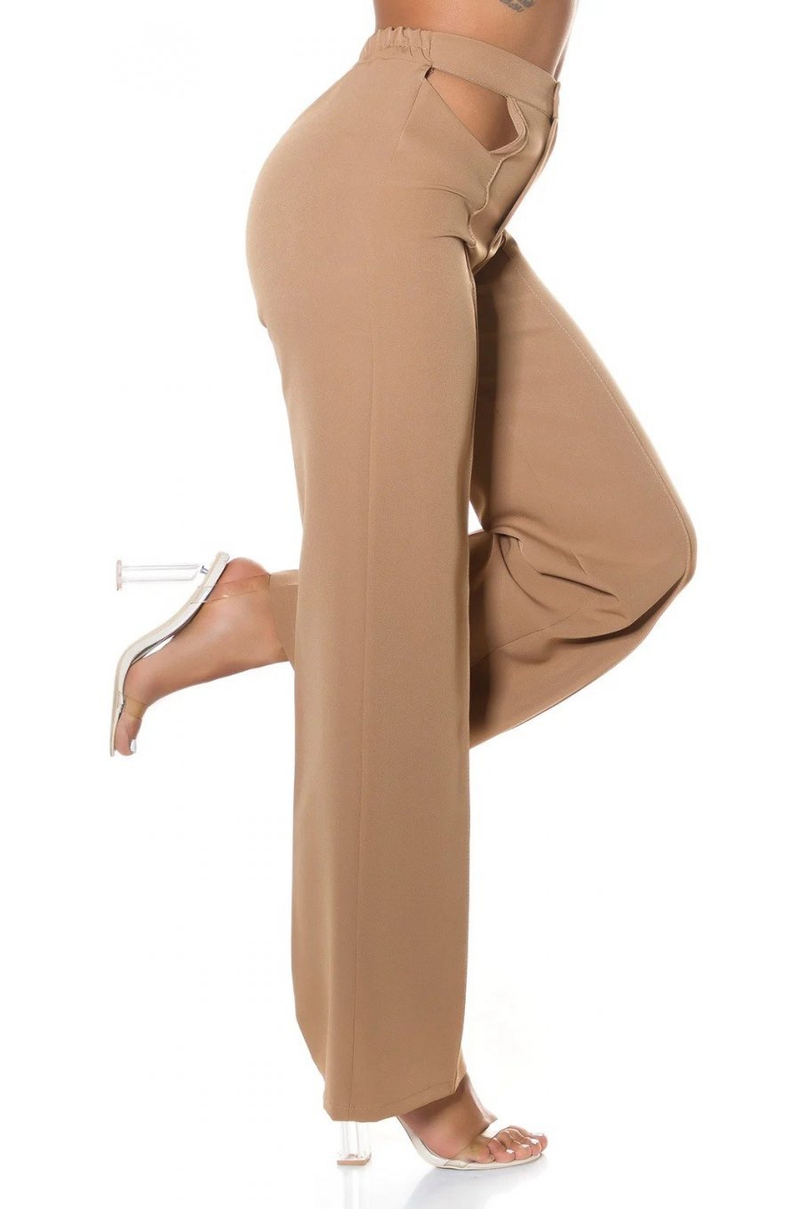 Pantaloni dama evazati cappuccino decupati Daany 3 - jojofashion.ro