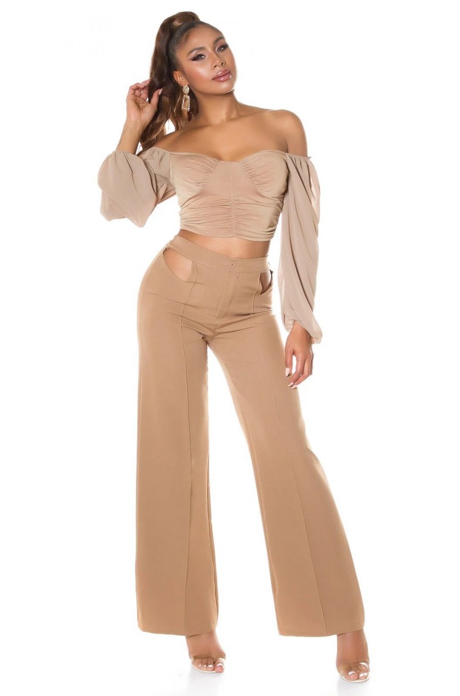 Pantaloni dama evazati cappuccino decupati Daany 4 - jojofashion.ro