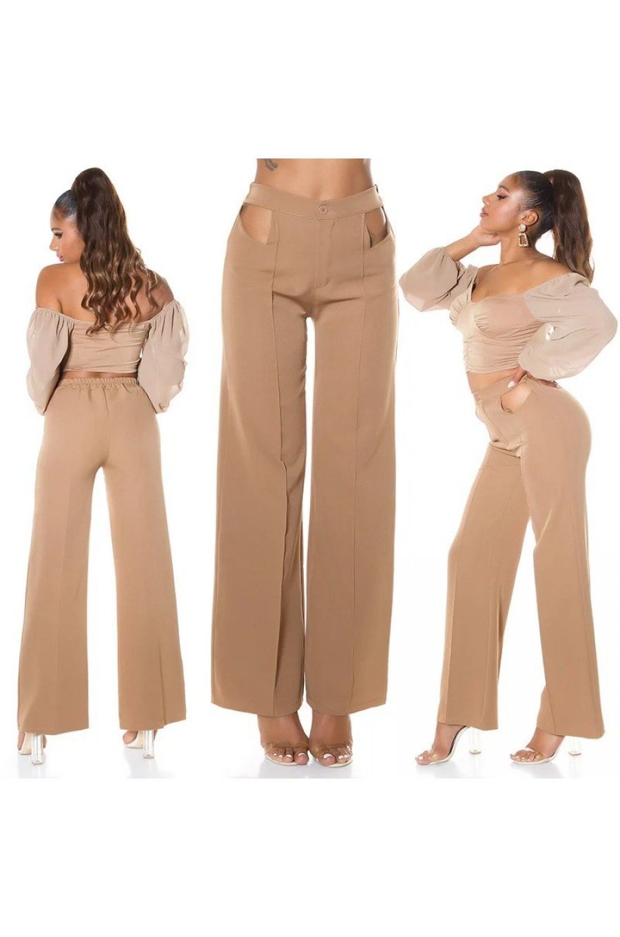 Pantaloni dama evazati cappuccino decupati Daany 5 - jojofashion.ro